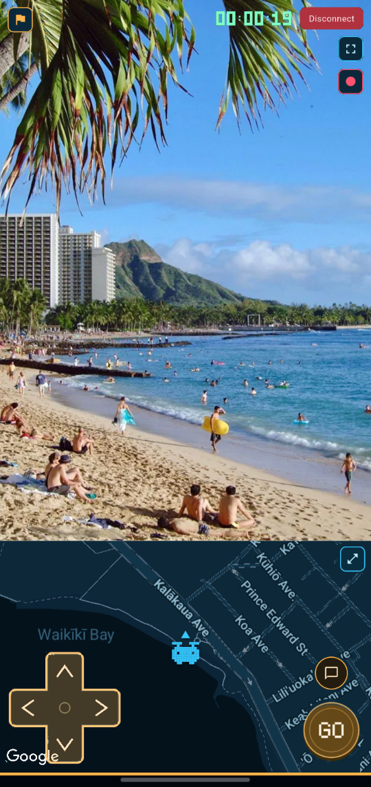 Connected to a broadcaster in DroneMe, steering the view with D-pad style controls (camera imagery is illustrative)